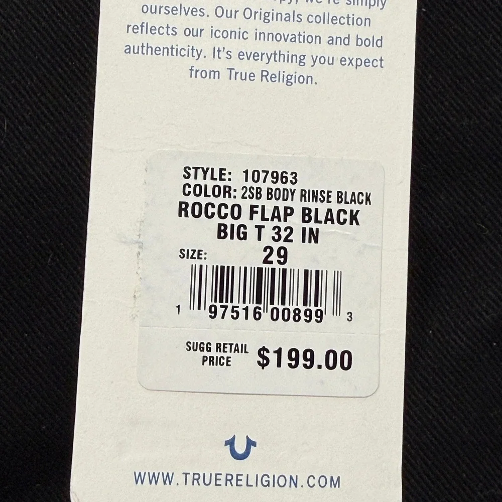 True Religion Rocco Relaxed Skinny Jeans Black Big T Flap Mens 29 NWT